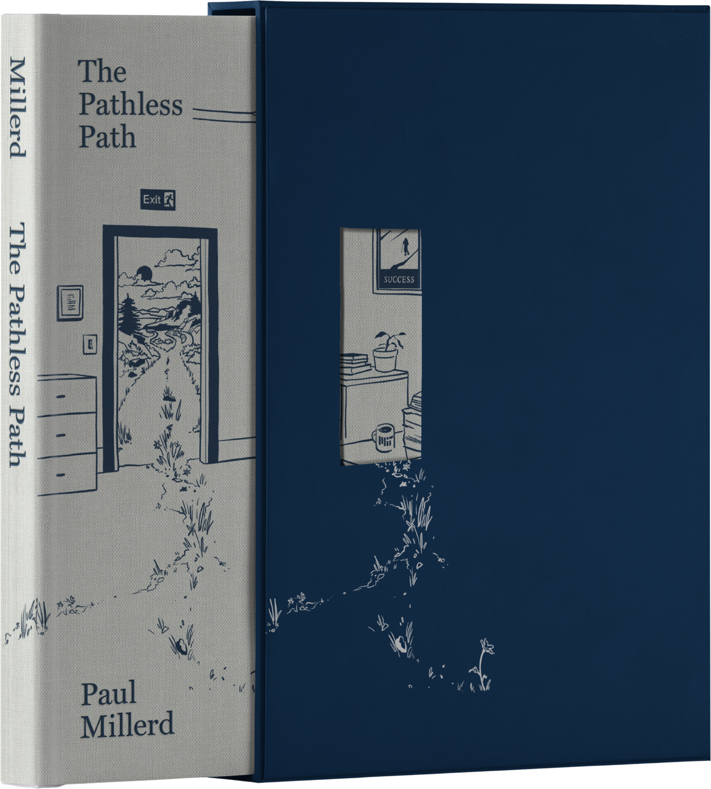 Cream cloth hardcover beside its navy windowed slipcase